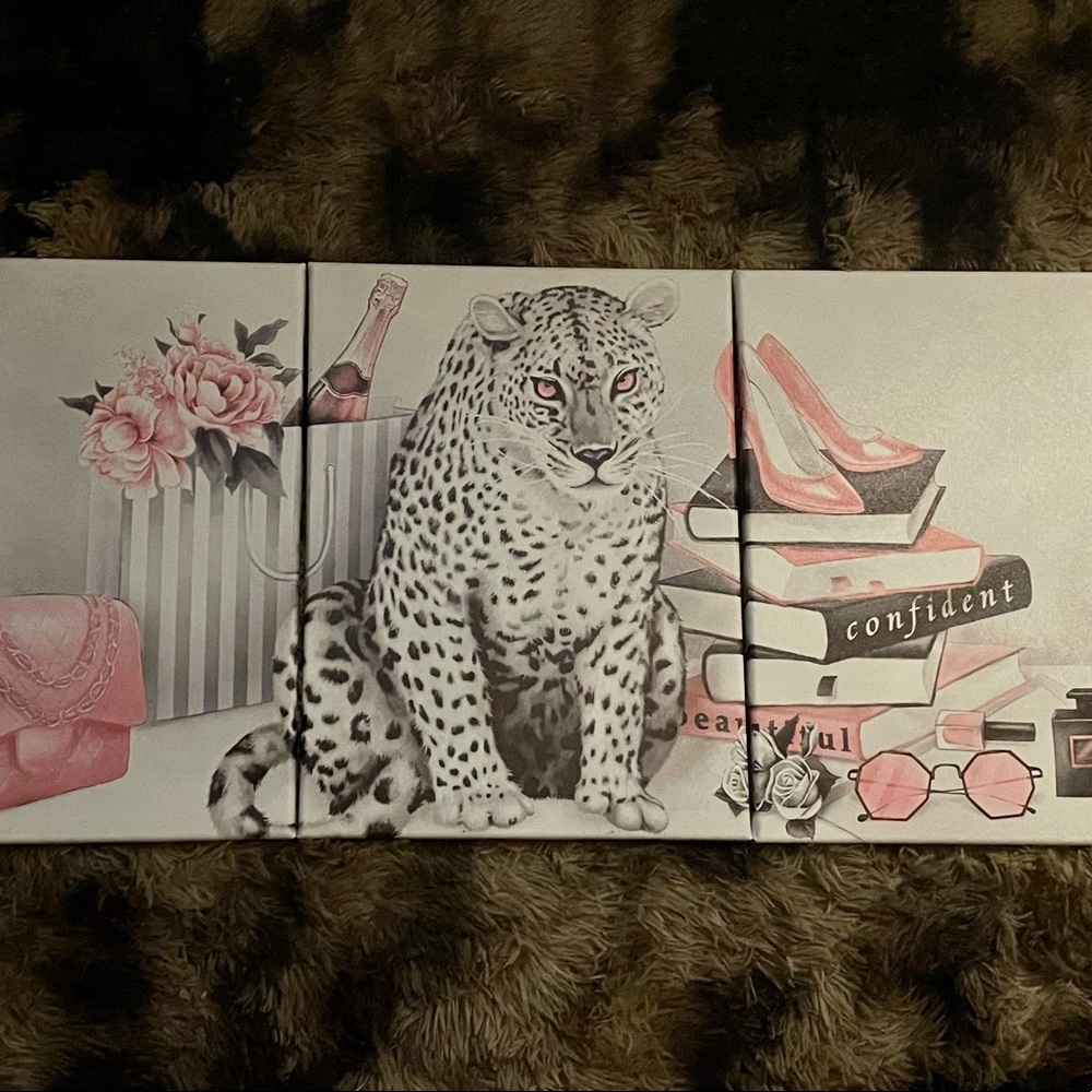 3 12x16 black and white cheetah with pink glam decor oil canvas art piece